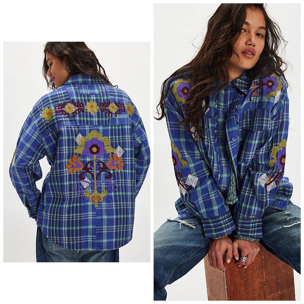 Free People Embroidered Sashiko Shirt Plaid Floral Oversized Xl Blue Purple